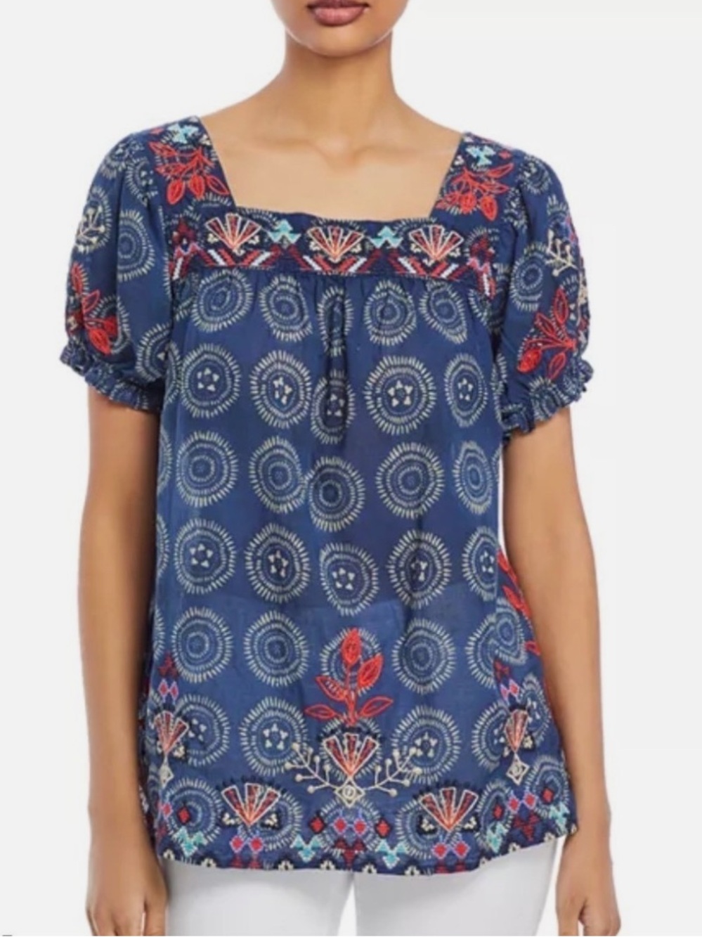 Johnny Was Workshop Maureen Navy Embroidered Square Neck Peasant Top M